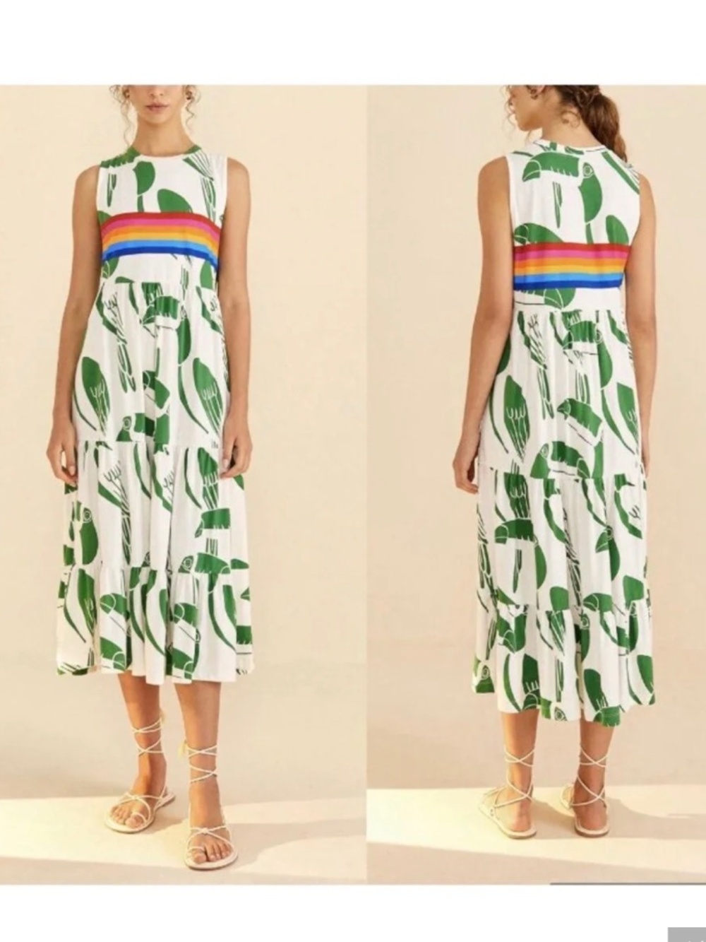 Farm Rio Off-White Rainbow Toucans Organic Cotton Maxi Dress Color: toucan
